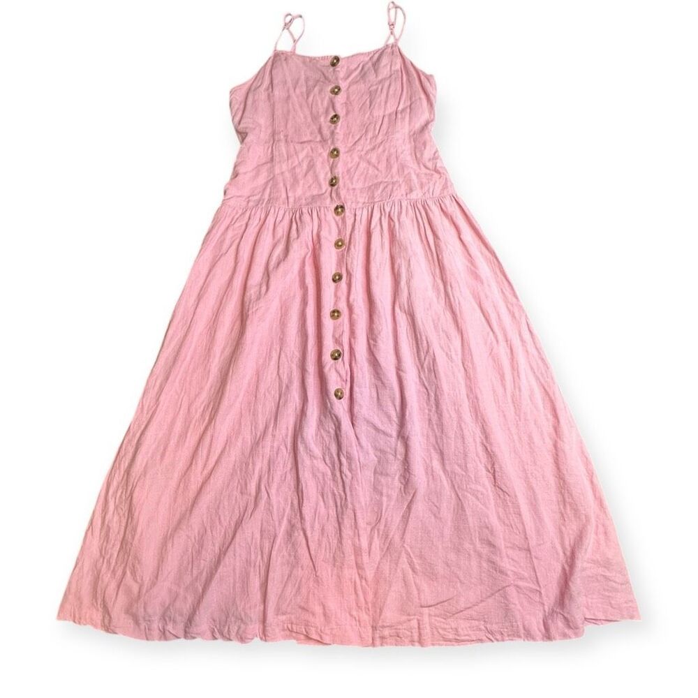 URBAN OUTFITTERS Women’s Pink Linen Blend Button-Front Drop Waist Midi Dress Siz - Picture 3 of 8
